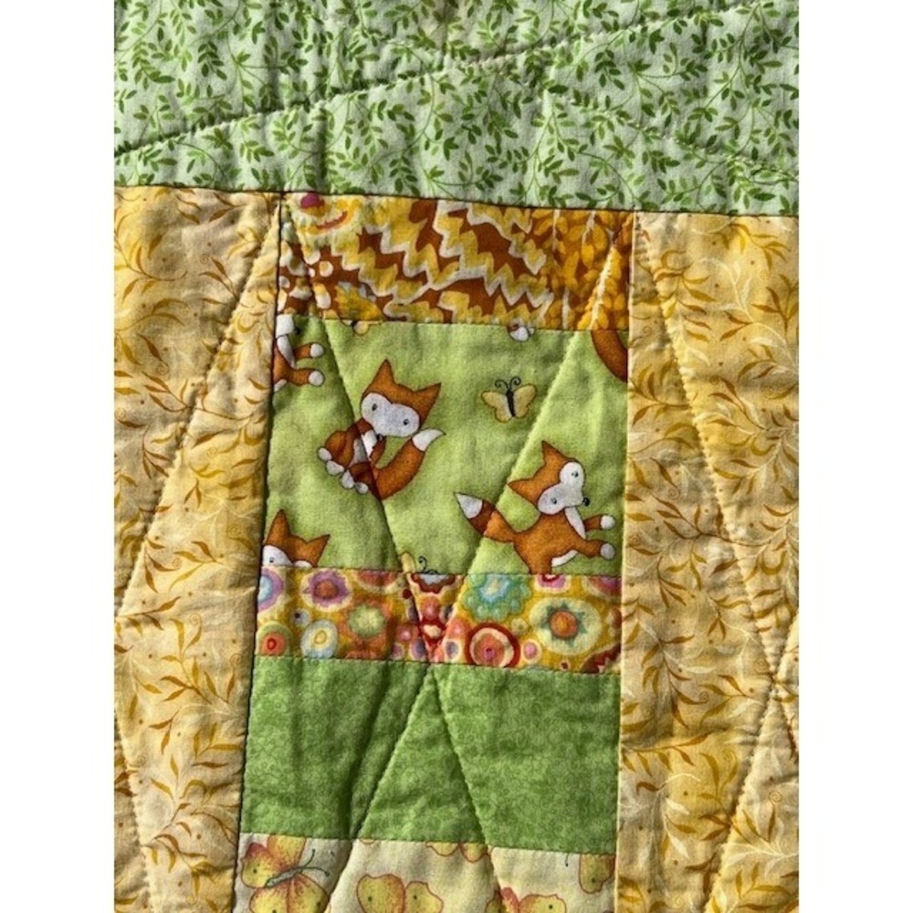Handmade Woodland Fox Patchwork Baby Quilt Yellow Orange Cotton Blanket 36 x 43